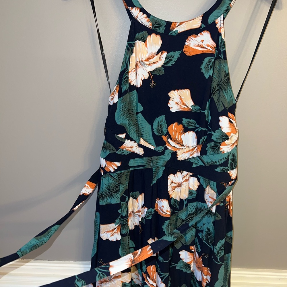 Lulu's Navy Floral Halter Maxi Dress with Green Leaves and Peach Blooms - Picture 3 of 9